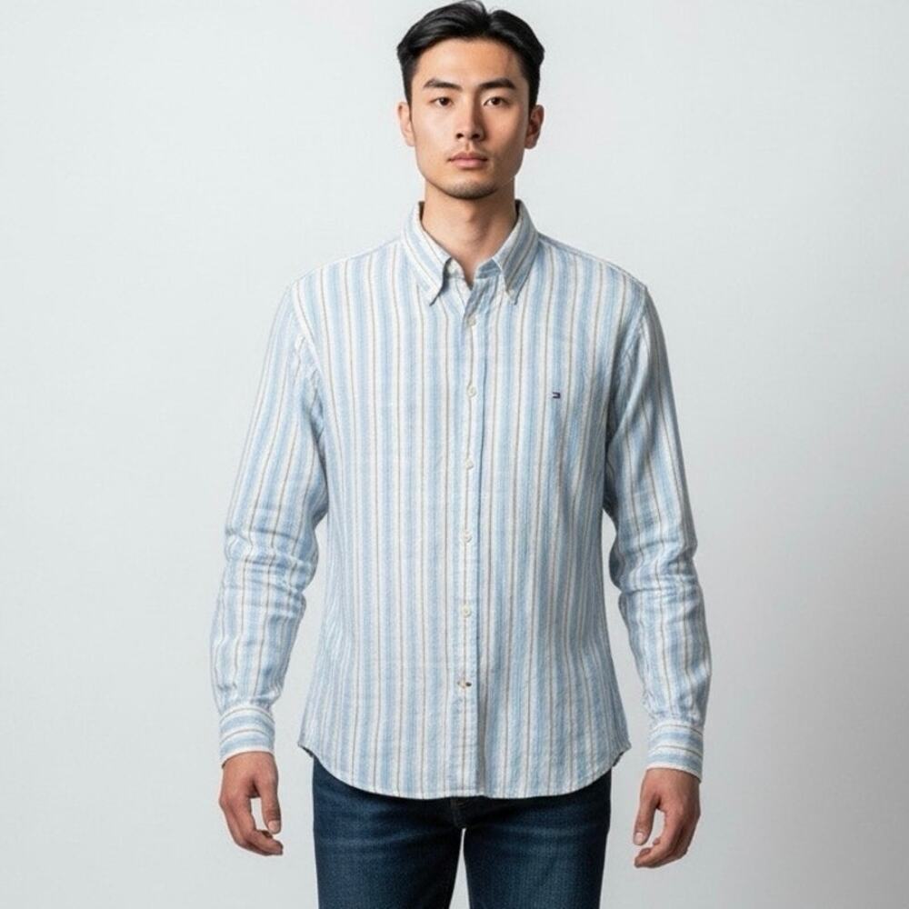 Tommy Hilfiger Men's Linen Shirt Large Blue Stripe Button Down Long Sleeve